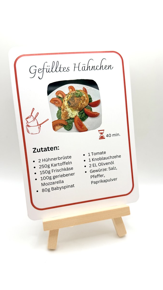 FoodPoker Karte Vorderseite – Rezept Lachs Pasta mit Zutaten und Zeit